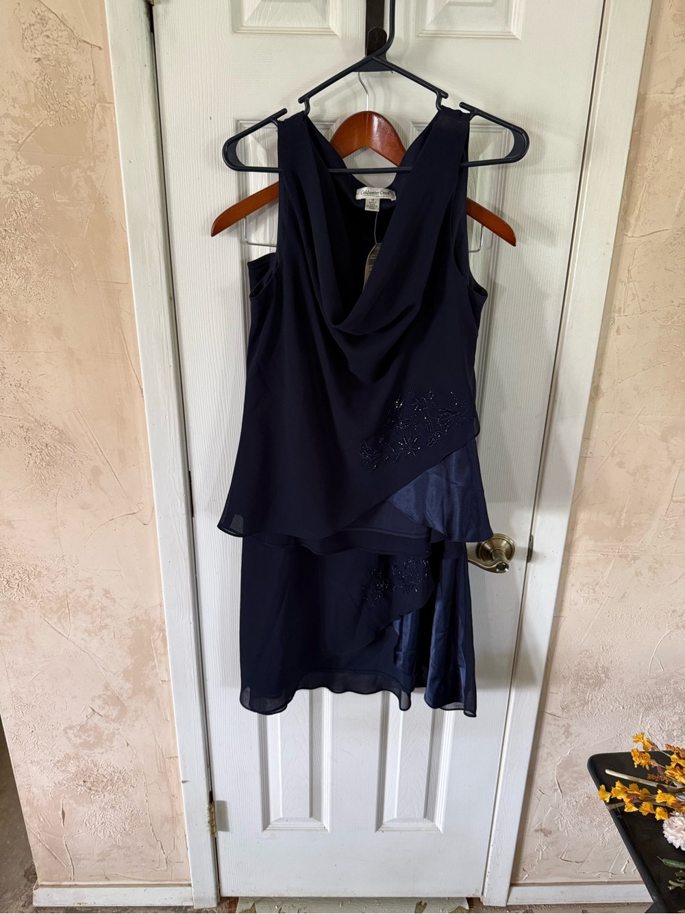 Coldwater Creek Navy Asymmetrical Tiered Cowl Neck Dress